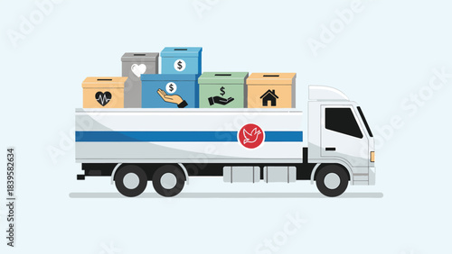Delivery Truck Carrying Donation Boxes for Charity, Showing Aid and Support