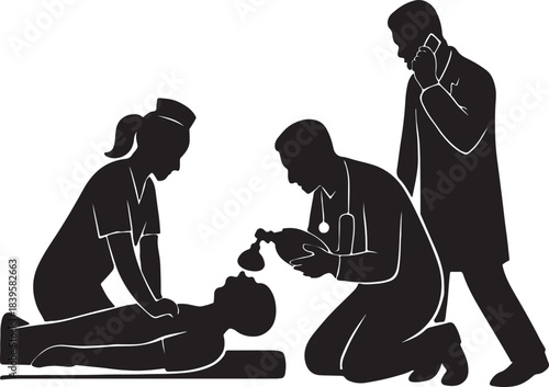 Silhouette of a scientist using a microscope isolated on a white background