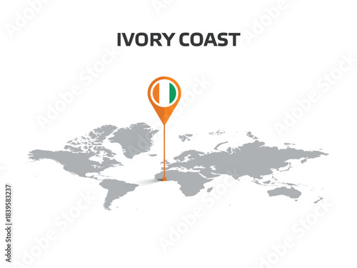 IVORY COAST Location Pin on World Map with Flag in Pin's Body