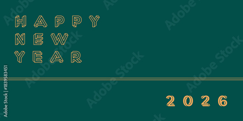 Happy New Year 2026 outline typography on dark green background