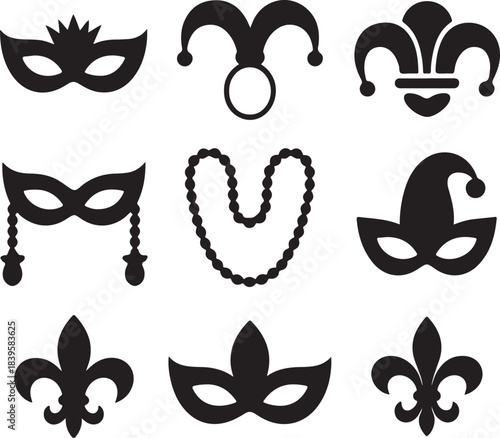 Mardi gras, carnival mask, masquerade party, jester hat, festival beads, fleur de lis, celebration costume, venetian style, parade symbol, holiday event