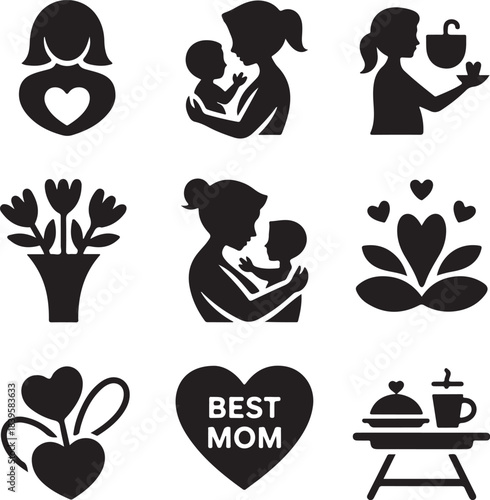 Mothers day, mom child, family love, best mom, parent silhouette, breakfast bed, flower bouquet, heart symbol, maternity care, woman holding baby