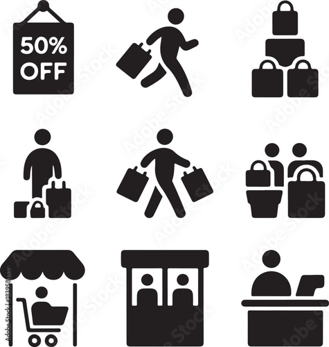 Shopping icons, discount sale, retail store, customer buyer, shopping bags, 50 percent off, cashier desk, consumerism concept, commerce market, purchase deal