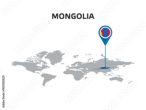 MONGOLIA Location Pin on World Map with Flag in Pin's Body