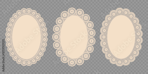 Trendy Vintage Lace-cut A4 Oval Frames. Vector isolated Illustration for Invitation, Card, Flyer, Poster, Page Border, etc.