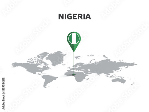 Tableau sur toile Nigeria Location Pin on World Map with Flag in Pin's Body