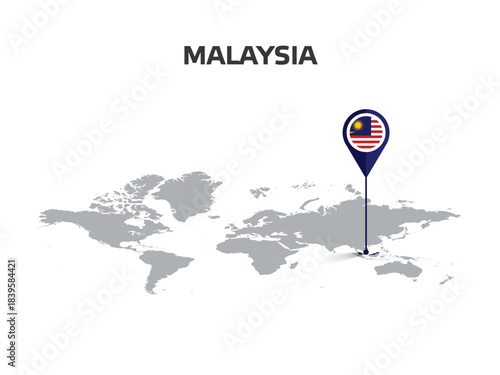 MALAYSIA Location Pin on World Map with Flag in Pin's Body