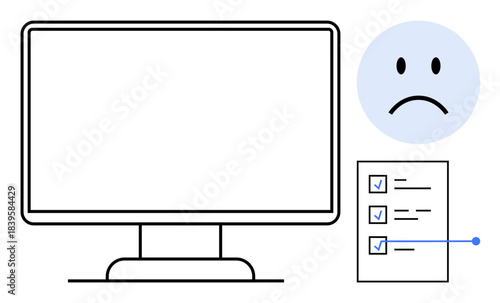 Task management. Sad face productivity issues with checklist and computer. Task management focuses on organization and workflow. For productivity, teamwork, planning, goal setting, efficiency