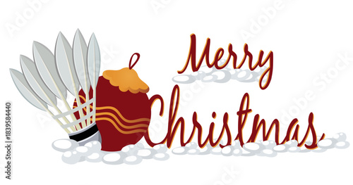 Christmas shuttlecock surrounded by pine branches, holly and ribbon. Ideal for holiday cards, winter graphics and sport-themed Christmas compositions.