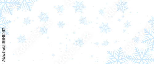 Soft Light Blue Snowflakes and Particles Distributed Across a Bright White Canvas, Suitable for Festive Christmas and New Year Card Designs