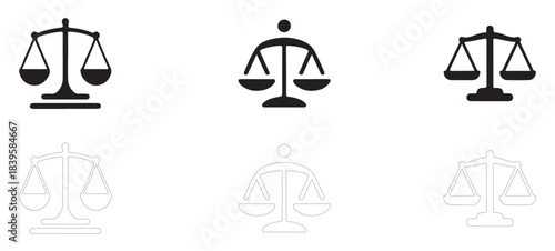 Minimal flat and line style balance scale icon representing justice, equality, and legal fairness.