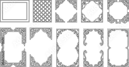 Elegant decorative border set, vintage rectangular designs with floral and scrollwork patterns for certificates, invitations, documents, and graphic projects