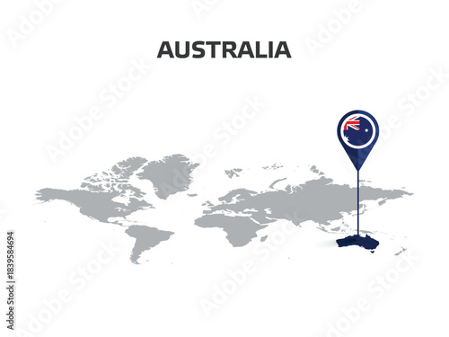AUSTRALIA Location Pin on World Map with Flag in Pin's Body