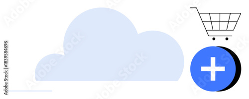 Cloud computing concept. Cloud design links to cloud storage and online services. Add to cart symbol highlights online shopping for seamless digital transactions. Perfect for e-commerce, cloud