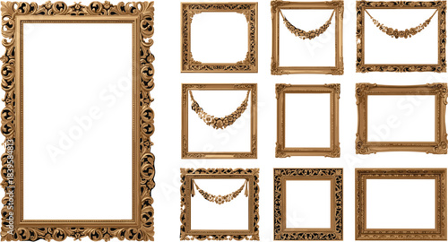 Ornate vintage picture frame collection, classical gold decorative borders, floral scrollwork design for artwork, photography, gallery, and interior decoration