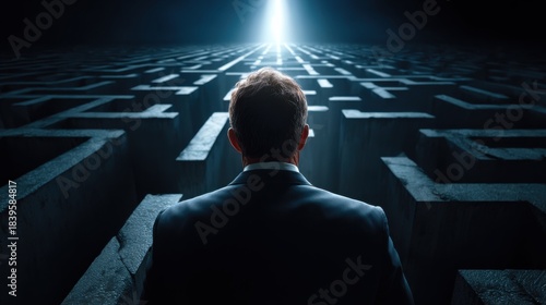 Businessman facing a concrete maze, highlighting determination to overcome challenges. Suitable for concepts like strategy and decision-making.