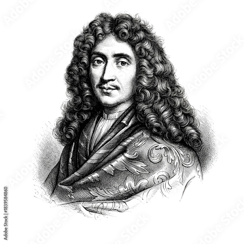 Black and white vintage engraving, close-up headshot portrait of Molière (Jean-Baptiste Poquelin), the famous historical French literary playwright, actor, and poet, white background, greyscale