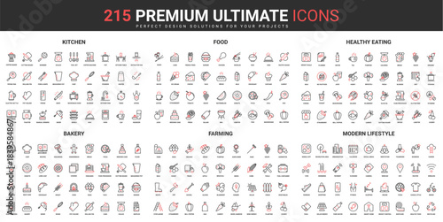 Healthy eating, modern lifestyle, kitchen and bakery equipment thin line red black icons set vector illustration. Abstract symbols agriculture farming, organic food simple design for mobile, web apps