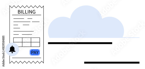 Billing receipt with payment highlighted, alert icon, and cloud symbolizing online services. Ideal for finance, billing, payments, accounting, cloud storage reminders automation. Simple flat