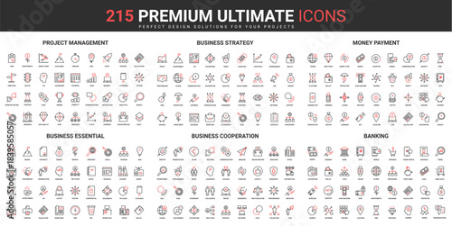 Business strategy and cooperation, corporate company project management thin line red black icons set vector illustration. Abstract symbols of banking, money payment simple design for mobile, web apps