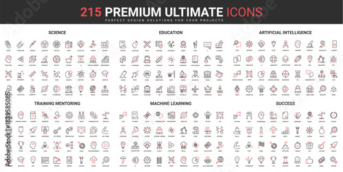 Science, education and artificial intelligence technology thin line red black icons set vector illustration. Abstract symbols machine learning, success training simple design for mobile and web apps