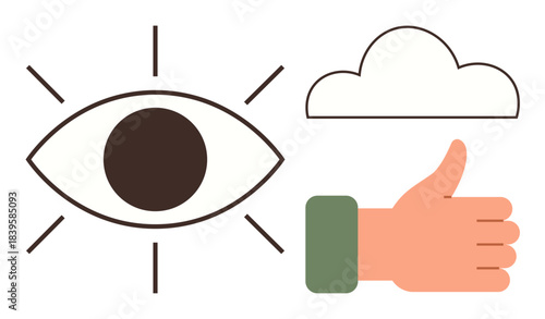 Open eye radiating lines, cloud, and thumbs-up symbol. Ideal for vision, awareness, feedback, optimism, mindfulness simplicity decision-making. Bold design conveys a simple flat metaphor