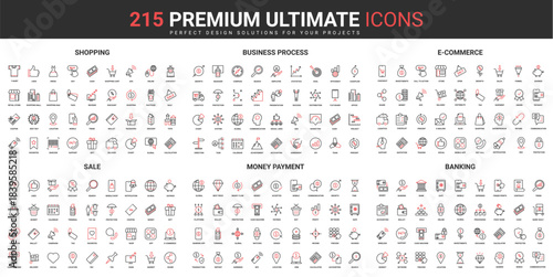 Banking, money payment, sales of ecommerce thin line red black icons set vector illustration. Abstract symbols of success business processes, shopping in retail store simple design mobile, web apps