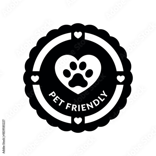 Pet friendly vector label on white background. Animal protection round logo solid symbol, pet care, cat paw icon. Veterinary medicine concept.	