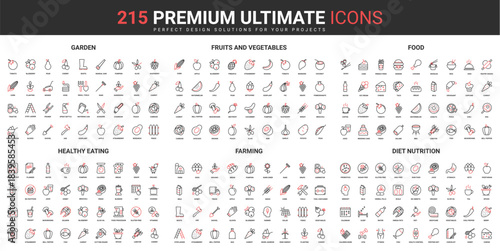 Healthy food product, farming and diet thin line red blac icons set vector illustration. Abstract symbols of garden fruits and vegetables, nutrition weight loss simple design mobile web apps