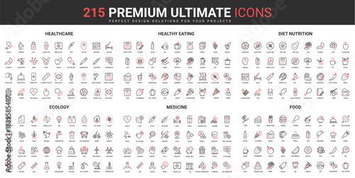 Food, ecology and medicine thin line red black icons set vector illustration. Abstract symbols of medical diagnostic and healthcare, health menu, environmental resources simple design mobile web apps