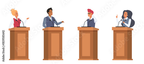 Speakers speaking behind podiums with microphones set vector illustration. Cartoon isolated public person and politicians speak.