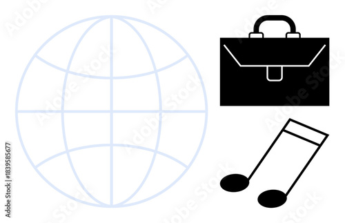 Global communication, professional work , music, networking, worldwide reach, business tools. A globe, a briefcase and musical notes are . Global communication and professional work concept