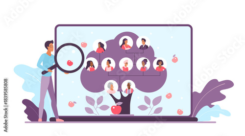 Family tree, genealogy online vector illustration. Cartoon tiny man with magnifying glass looking at laptop screen to study infographic flowchart, network of three generations with relatives portraits