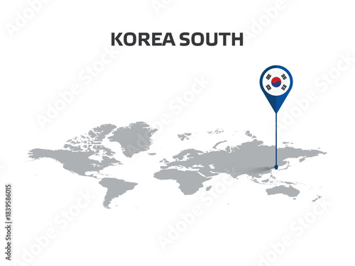 SOUTH KOREA Location Pin on World Map with Flag in Pin's Body