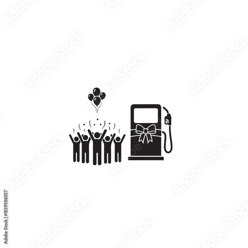 Group of people celebrating near gas pump with balloons in simple black line art for fuel industry illustration