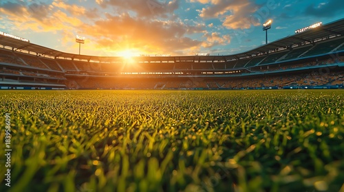 Cricket stadium glowing sunset over green pitch high resolution picture