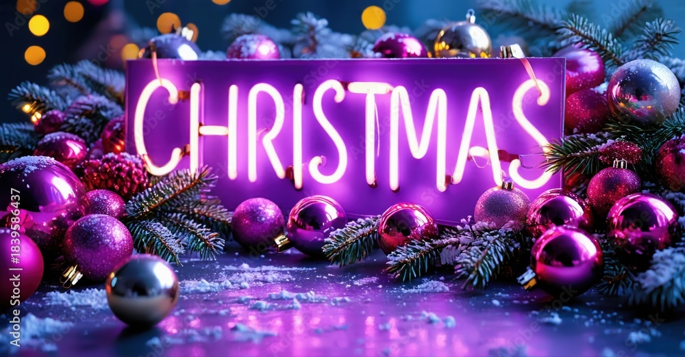 Naklejka premium Bright purple Christmas sign surrounded by ornaments, pine branches, snow. Festive holiday scene, vibrant colors, joyful mood.