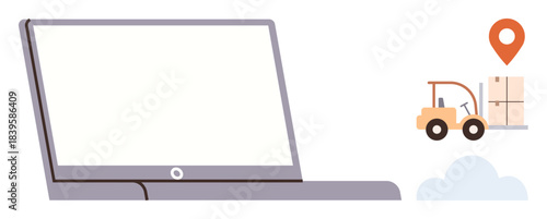 Laptop with a forklift loading cargo beside a location pin and cloud. Ideal for logistics, delivery, supply chain optimization, inventory management, e-commerce, business processes, data tracking