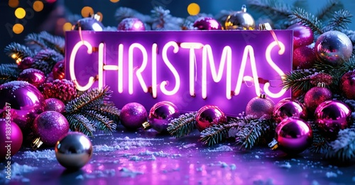 Bright purple Christmas sign surrounded by ornaments, pine branches, snow. Festive holiday scene, vibrant colors, joyful mood.