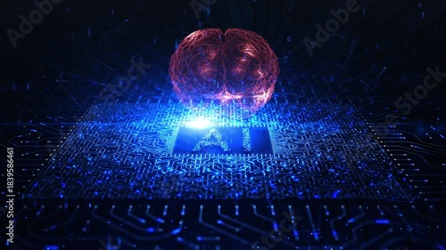 Artistic blue artificial intelligence motherboard chip circuits with digital red colored human brain with neurons lights  loop animation.