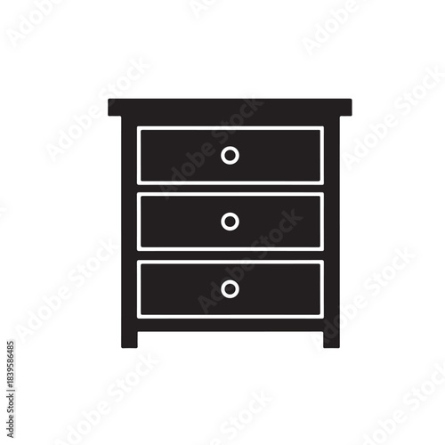 Minimalist three-drawer chest of drawers in black and white graphic illustration for furniture catalog
