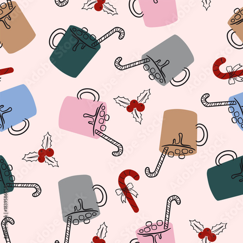 Winter Hot Chocolate and Berries Vector Seamless Pattern
