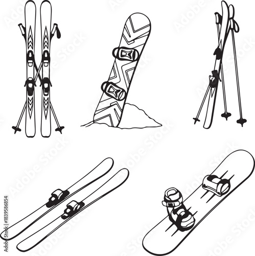 Cartoon vector illustration showing skiers ski equipment and a ski resort in a vintage silhouette style