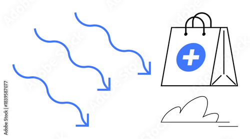 Healthcare shopping, medical services, consumerism, retail, healthcare access, modern convenience. Shopping bag with medical symbol, wavy arrows. Healthcare shopping and medical services concept