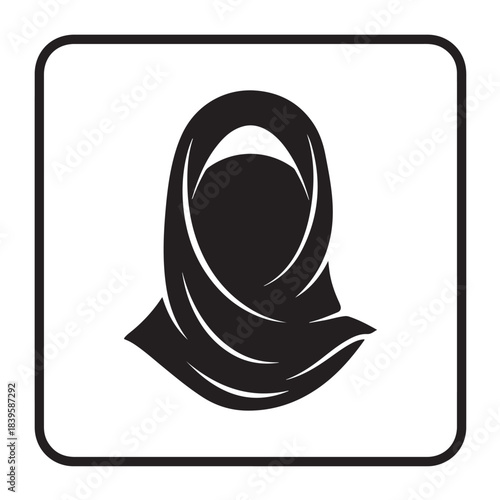 Woman wearing hijab in minimalist black silhouette with white background and simple icon style for cultural representation