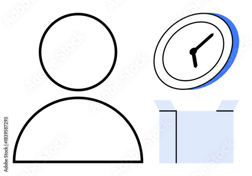 Time management, organization, productivity, personal development, efficiency, deadlines. Simple outline of a person, clock and open box. Time management and organization concept