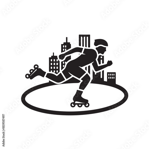 Inline skateboarder racing icon for sports and fitness, city background
