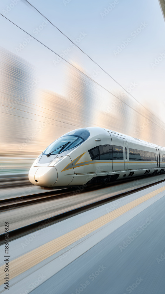 Fototapeta premium White high-speed bullet train travels quickly on railroad tracks, creating a dynamic motion blur effect, representing fast transportation, innovation, and global travel