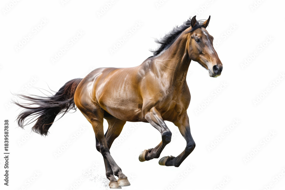 Obraz premium A majestic brown horse runs swiftly, its flowing mane and tail catching the wind. Captured in motion, this image evokes a sense of freedom and power.