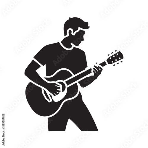 Musician playing acoustic guitar icon, silhouette vector for music and art